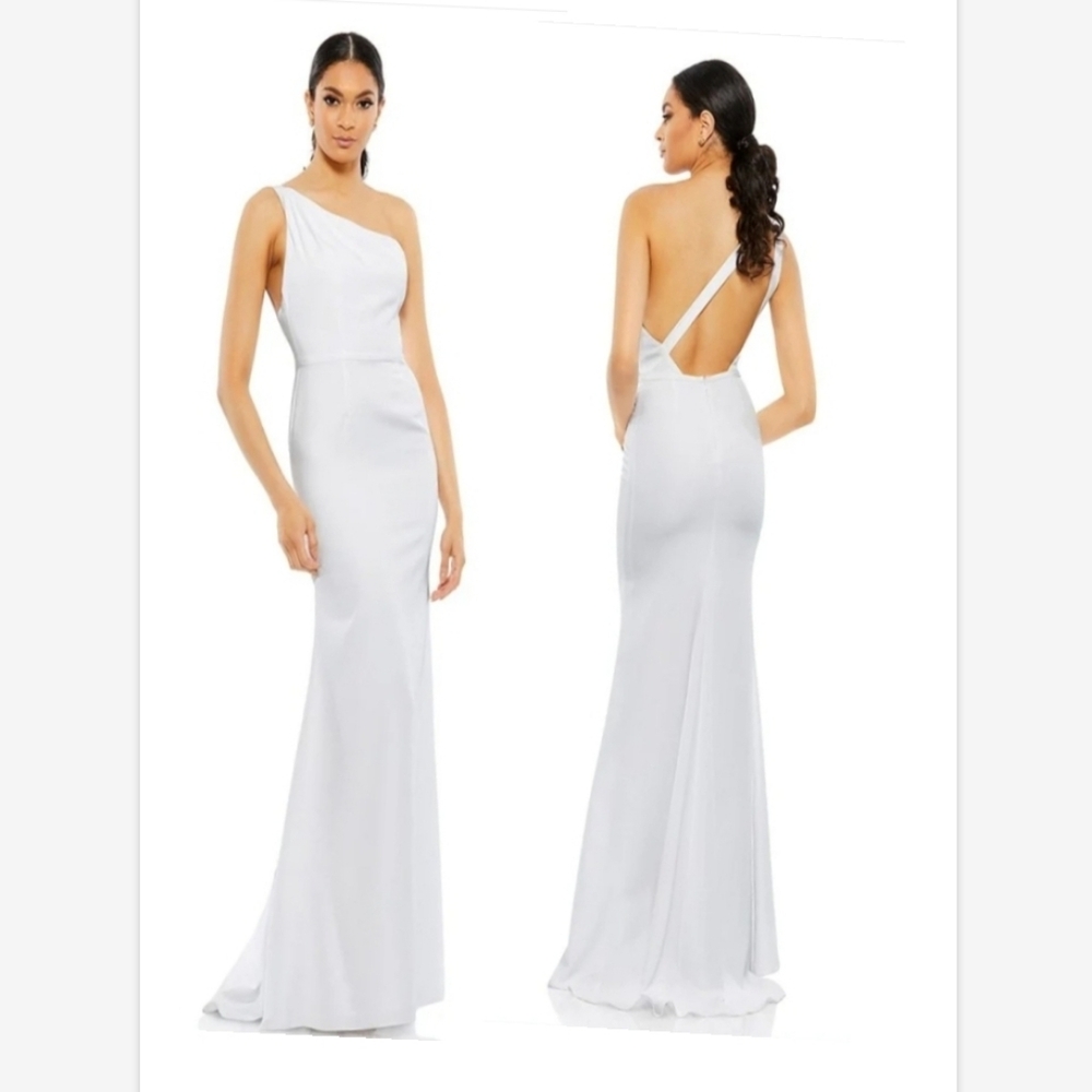 NWT Mac Duggal 26266 white One Shoulder Trumpet Gown Sz 8